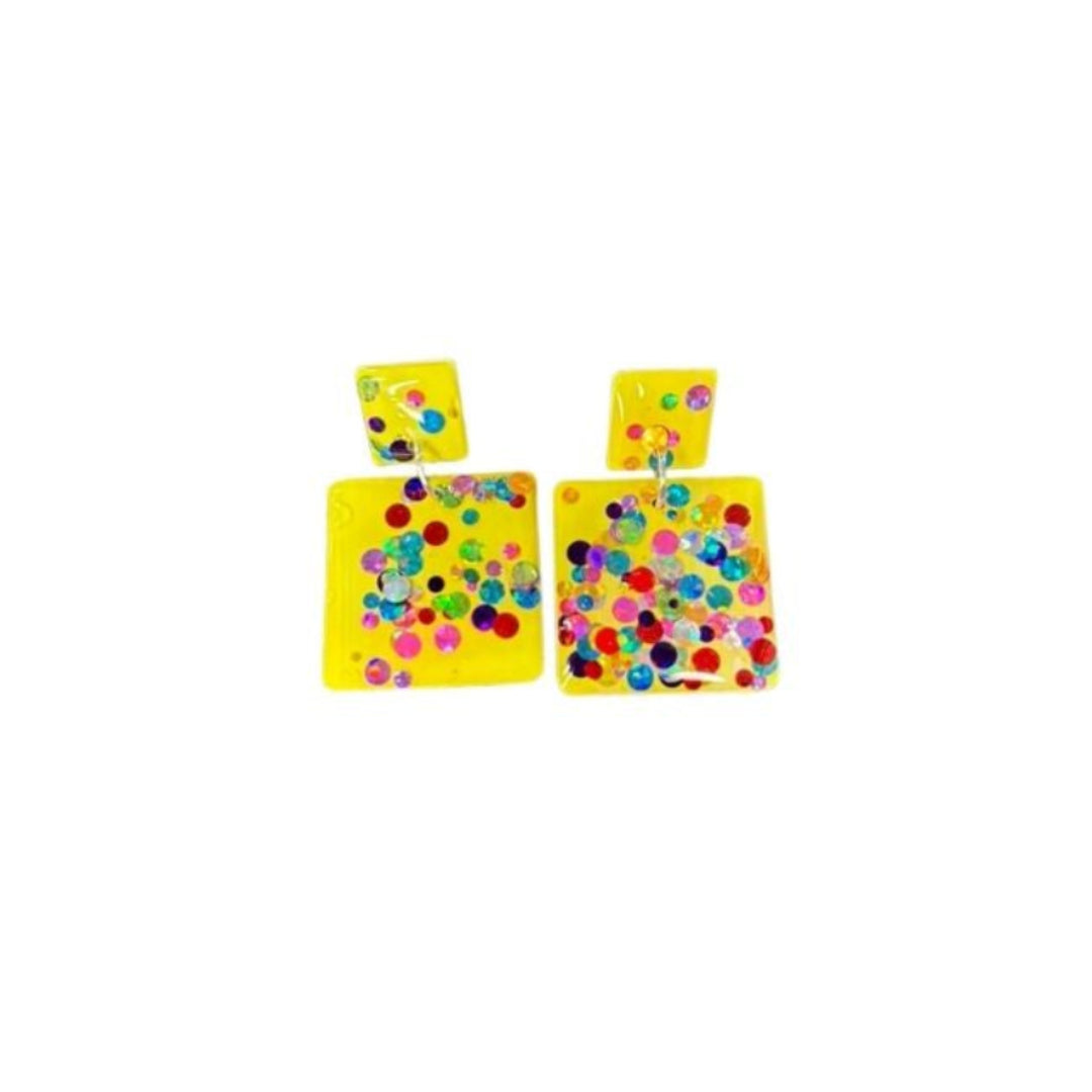 Rhianna's Earrings - Resin Square Dangle - Yellow Confetti