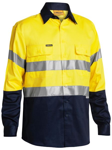 Bisley - Mens Taped Hi Vis Open Front Work Shirt - Yellow/Navy