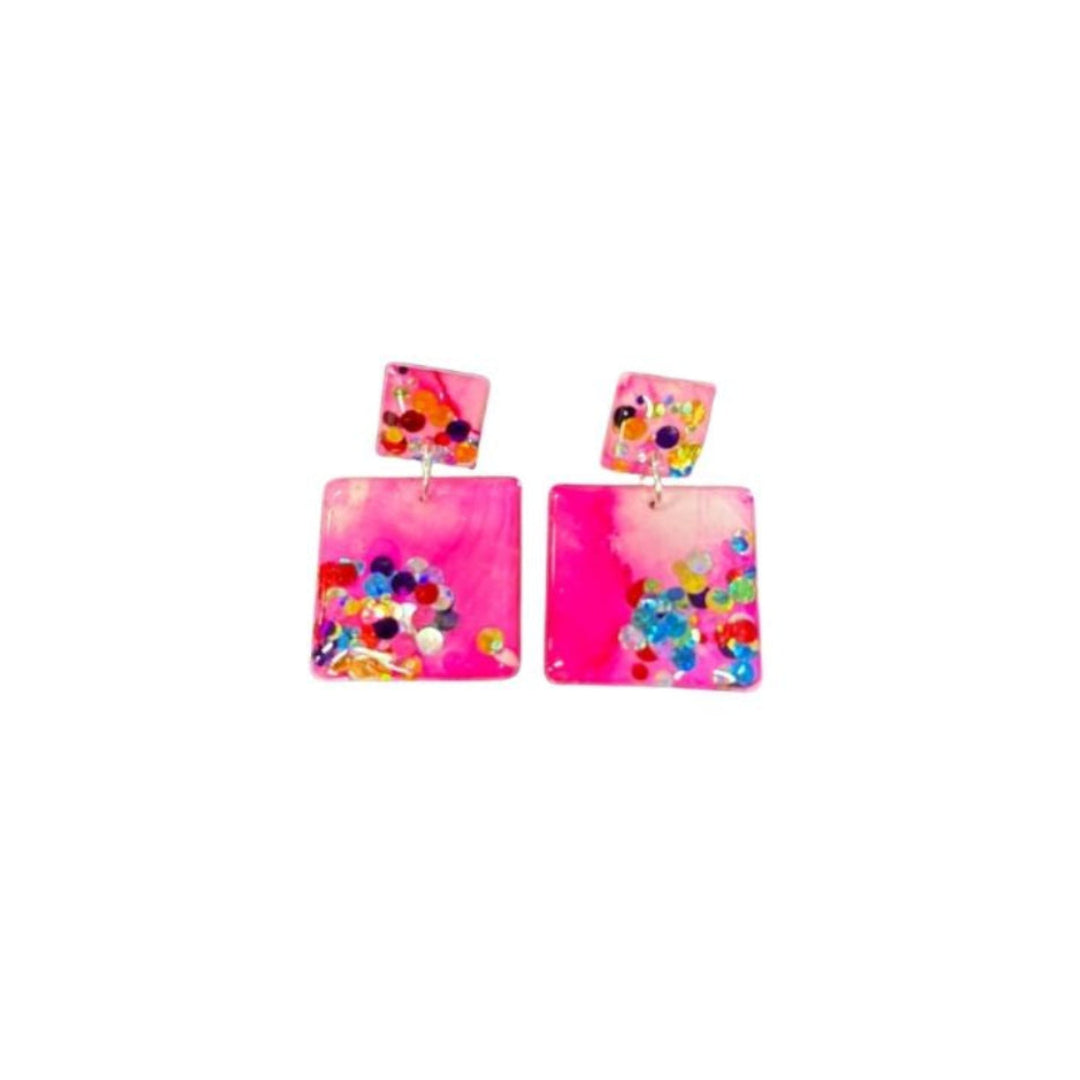 Rhianna's Earrings - Resin Square Dangle - Pink Confetti