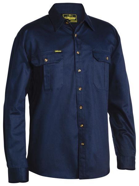 Bisley - Mens Long Sleeve Cotton Drill Open Front Work Shirt - Navy