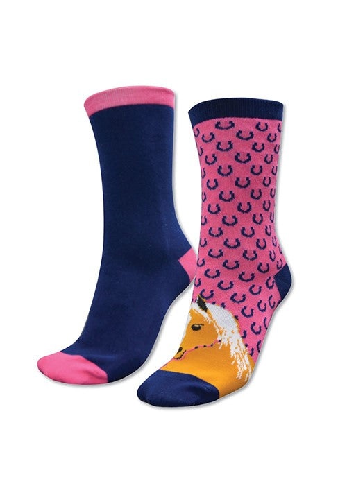 Thomas Cook - Adults Homestead Socks - Navy/Hot Pink Horse