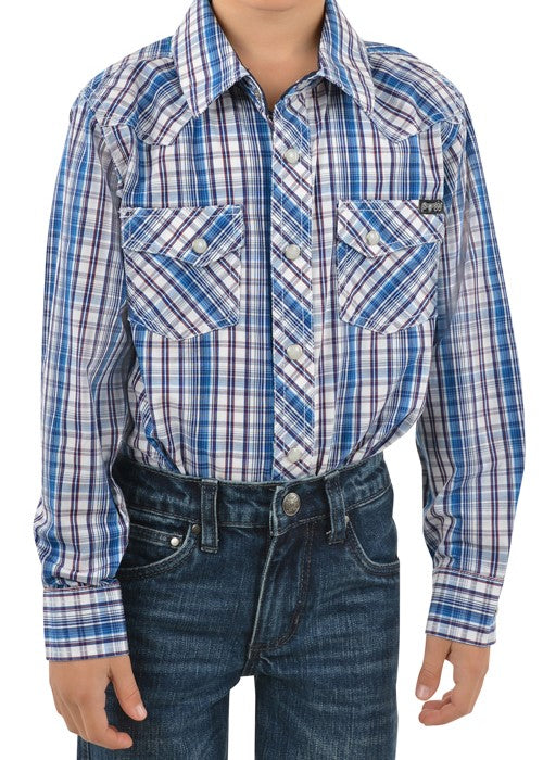 Pure Western - Boys Check Western Long Sleeve Shirt - Navy/Blue