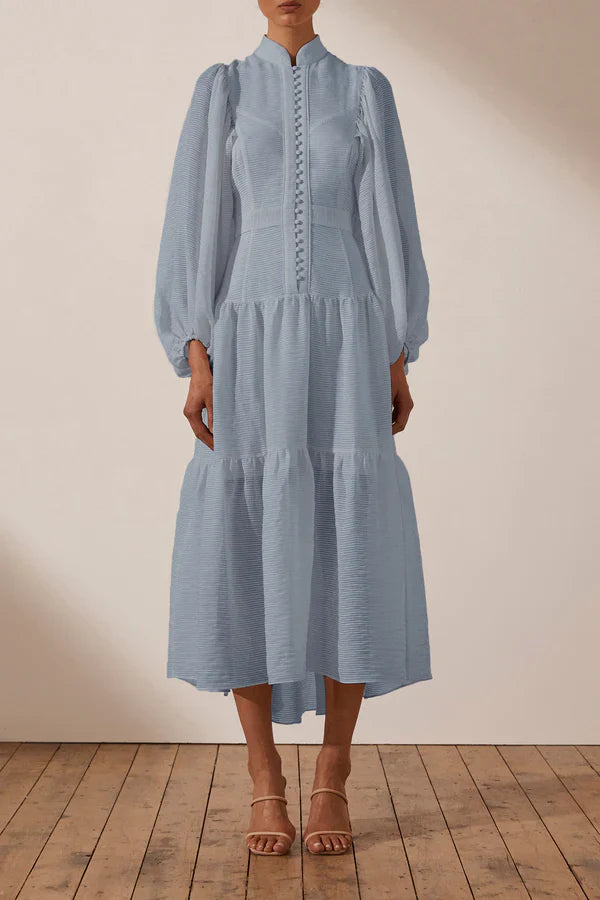 HIRE DRESS - SHONA JOY - CHARLOTTE HIGH NECK BLUE SMOKE MIDI DRESS