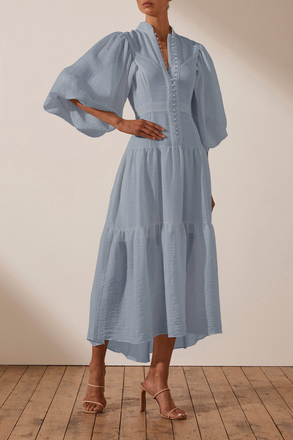 HIRE DRESS - SHONA JOY - CHARLOTTE HIGH NECK BLUE SMOKE MIDI DRESS