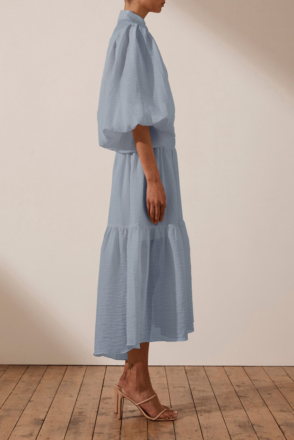 HIRE DRESS - SHONA JOY - CHARLOTTE HIGH NECK BLUE SMOKE MIDI DRESS