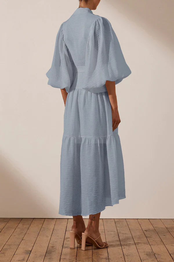 HIRE DRESS - SHONA JOY - CHARLOTTE HIGH NECK BLUE SMOKE MIDI DRESS