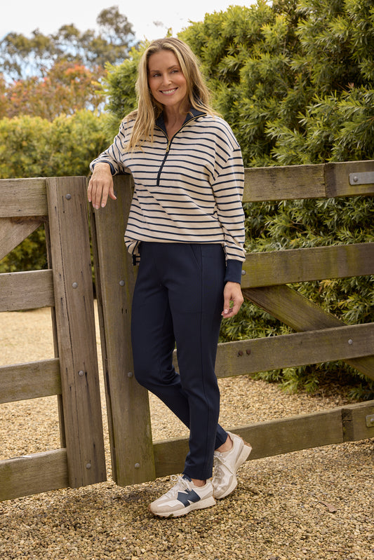 Goondiwindi Cotton - Outland Cotton ½ Zip Sweater - Birch/ Dark Navy Stripe