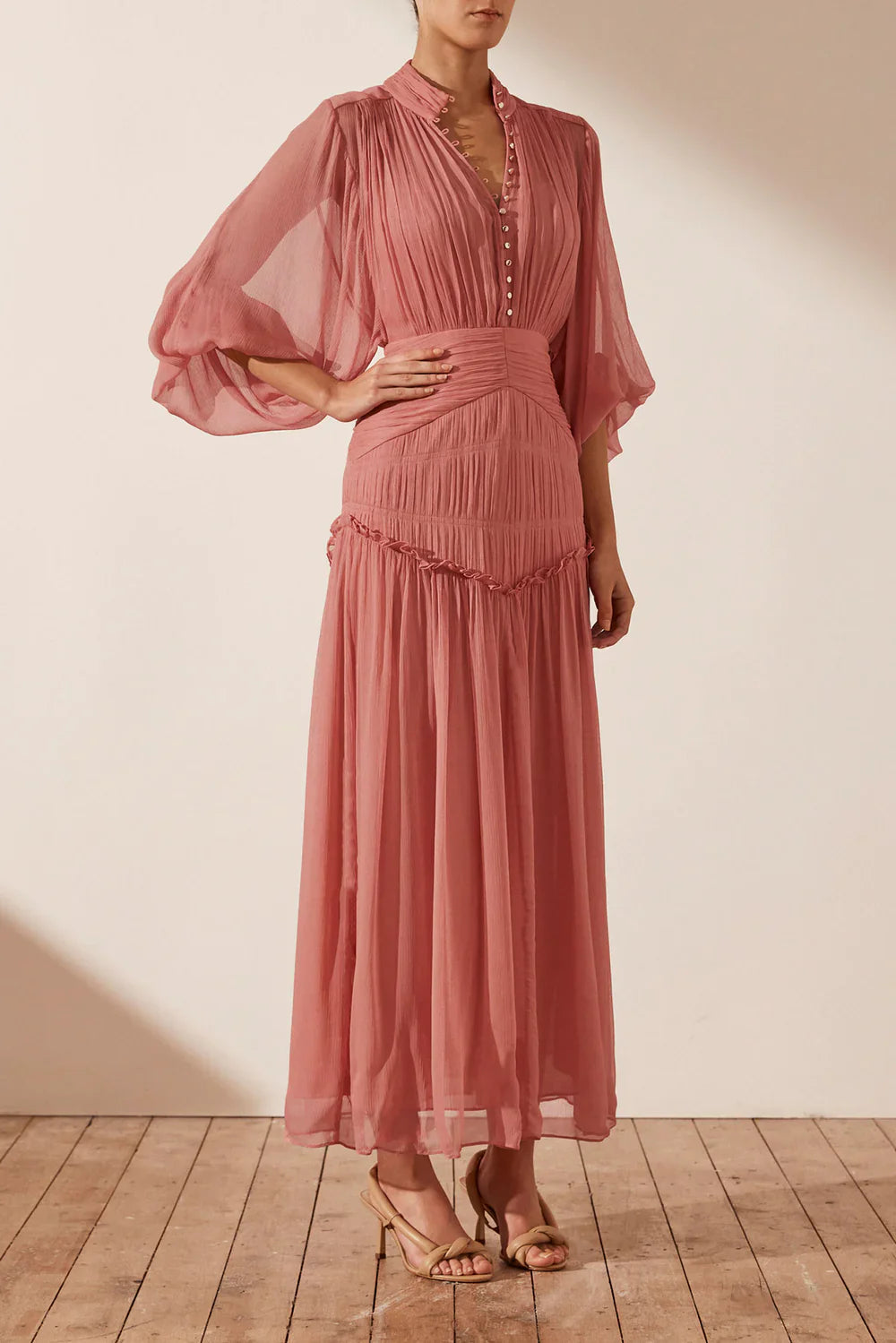 HIRE DRESS - SHONA JOY - LAUREN BUTTON UP RUCHED MIDI DRESS - BLUSH