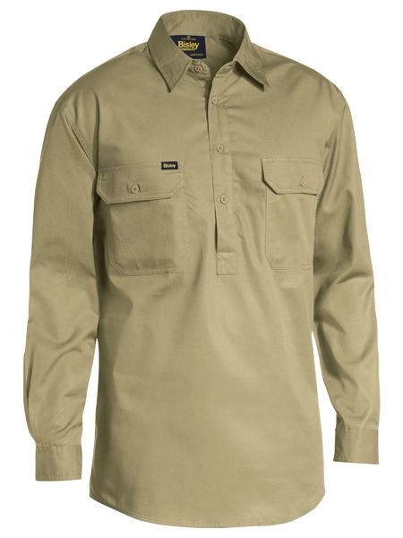 Bisley - Mens Long Sleeve Cotton Drill Closed Front Work Shirt - LEIGHTWEIGHT Khaki