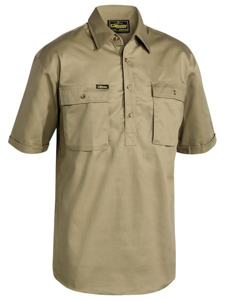 Bisley - Mens Cotton Drill Closed Front Work Shirt - Short Sleeve - Khaki