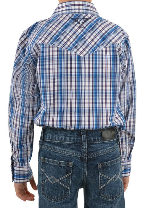 Pure Western - Boys Check Western Long Sleeve Shirt - Navy/Blue