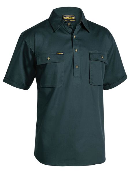 Bisley - Mens Cotton Drill Closed Front Work Shirt - Short Sleeve - Bottle