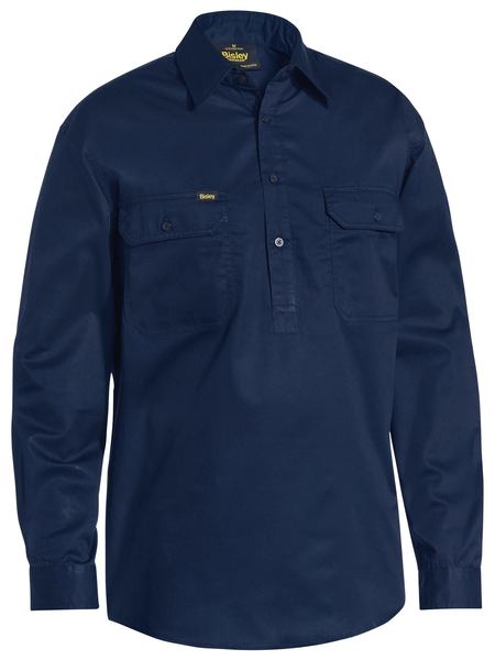 Bisley - Mens Long Sleeve Cotton Drill Closed Front Work Shirt - LEIGHTWEIGHT Navy