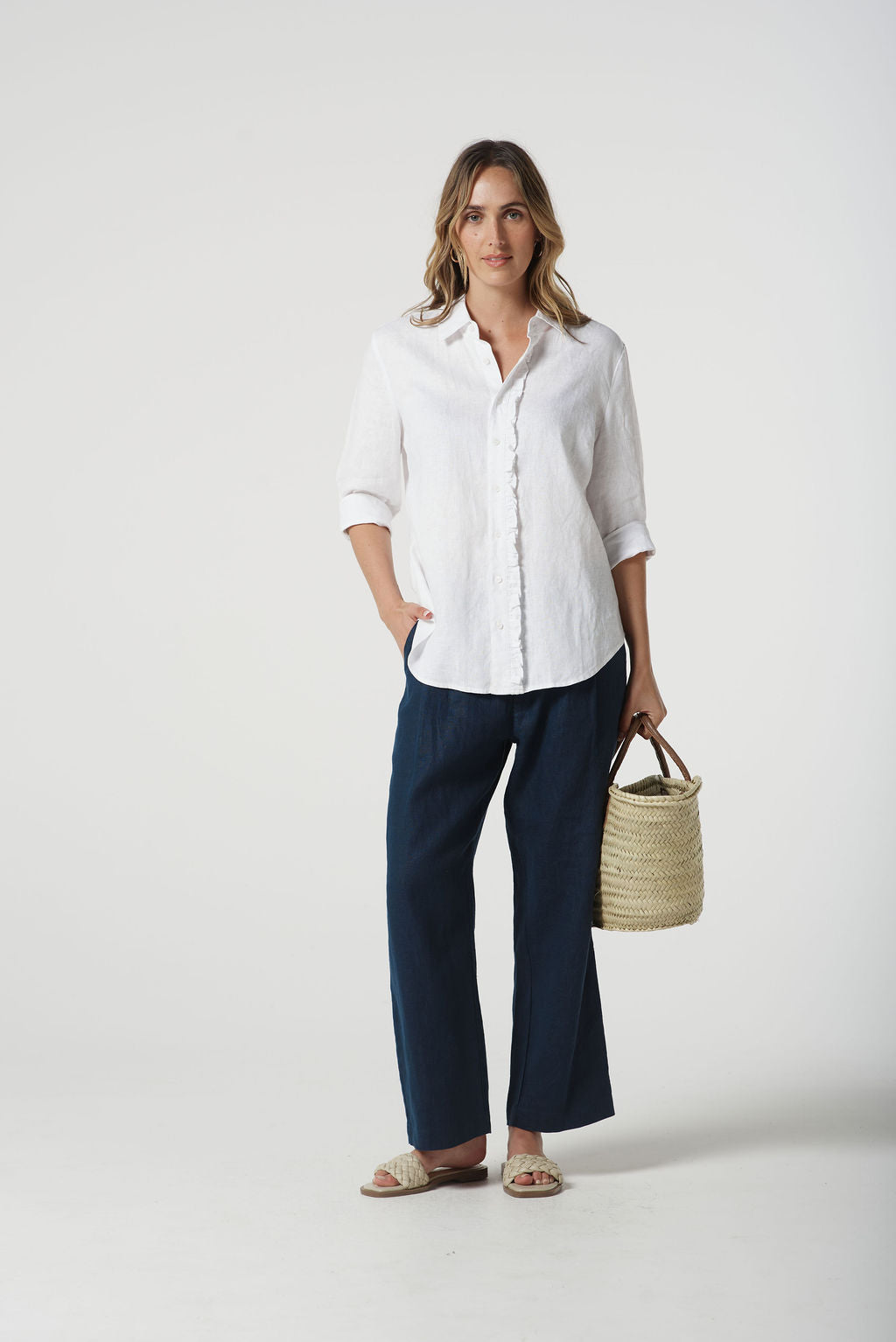 Goondiwindi Cotton - 3/4 Frill Shirt - 100% Linen - Optical White