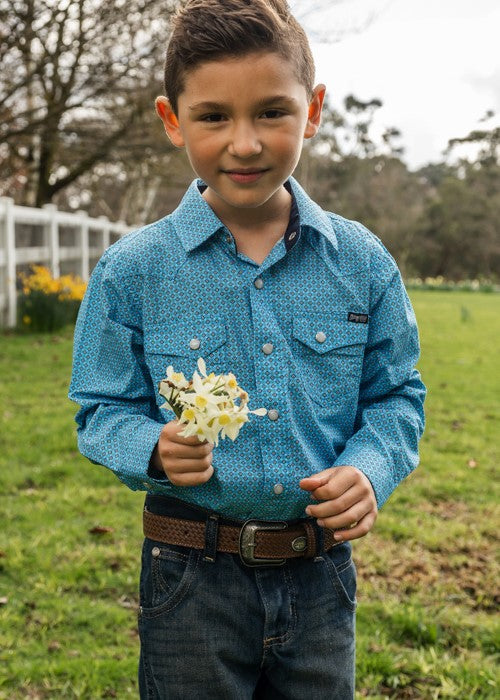 Pure Western - Boys Roy Long Sleeve Shirt - Blue/White