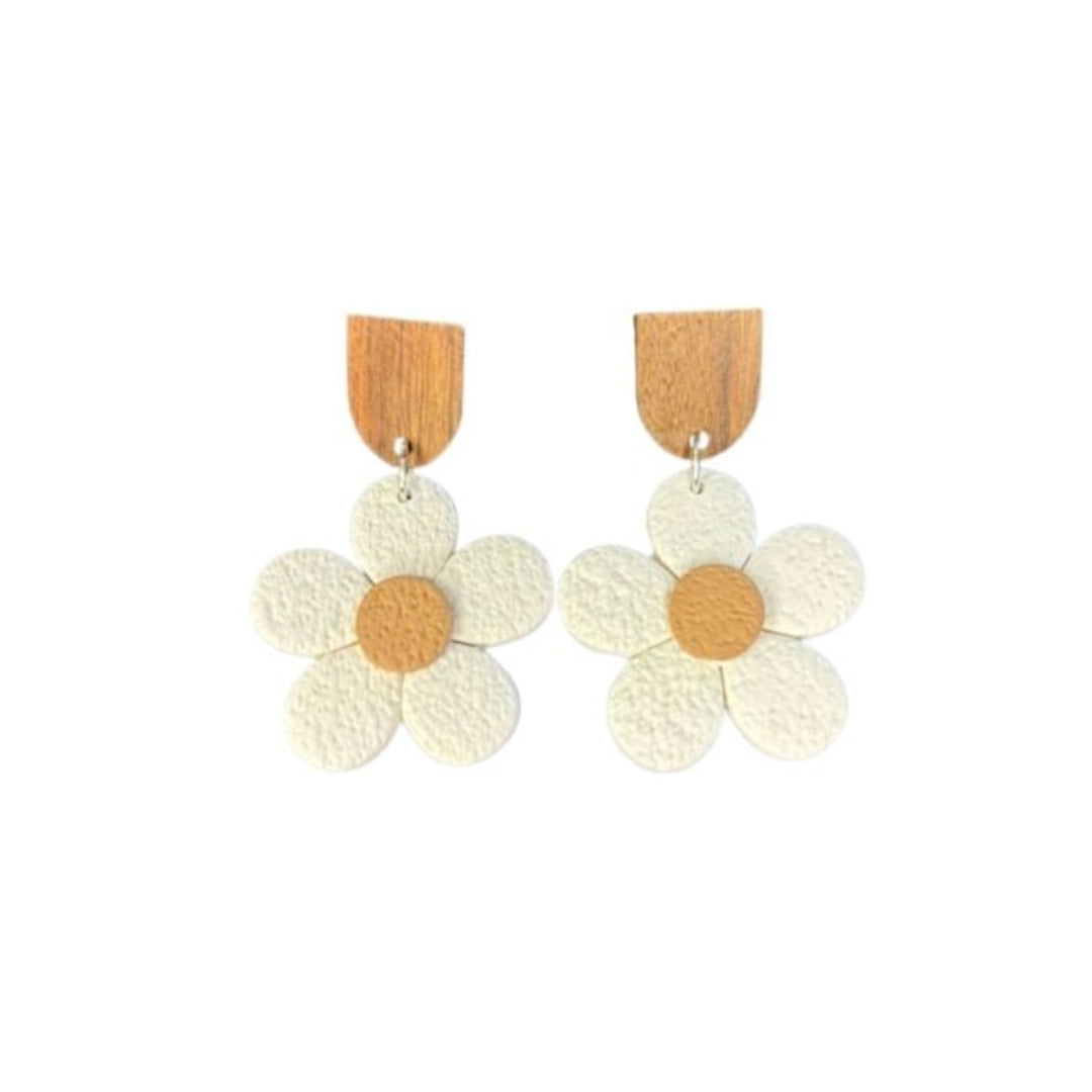 Rhianna's Earrings - Clay Flower Dangle - Cream/Wood