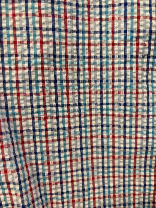 Bisley - Casual Short Sleeve Seersucker Shirt - Small Blue/Red/White Multi Check