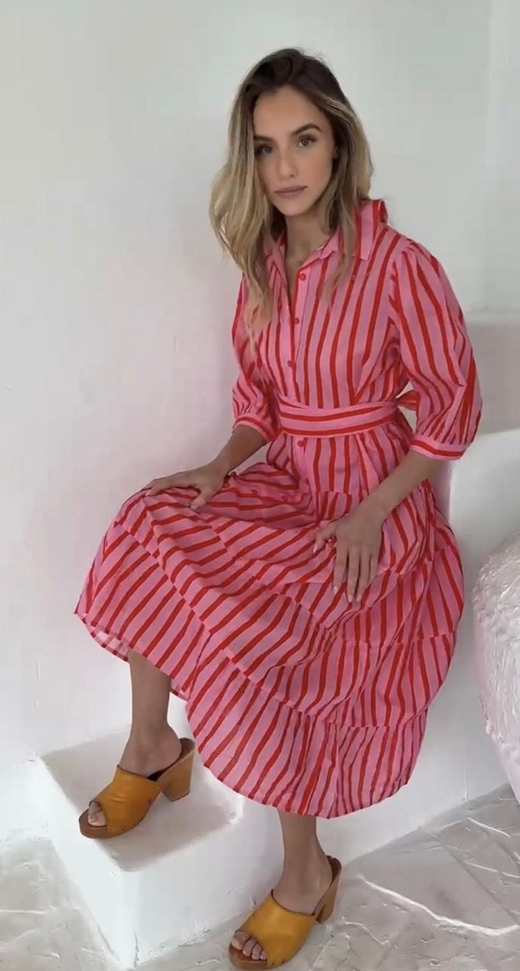 White Poetry - Candy Stripe Midi Dress - Pink/Red