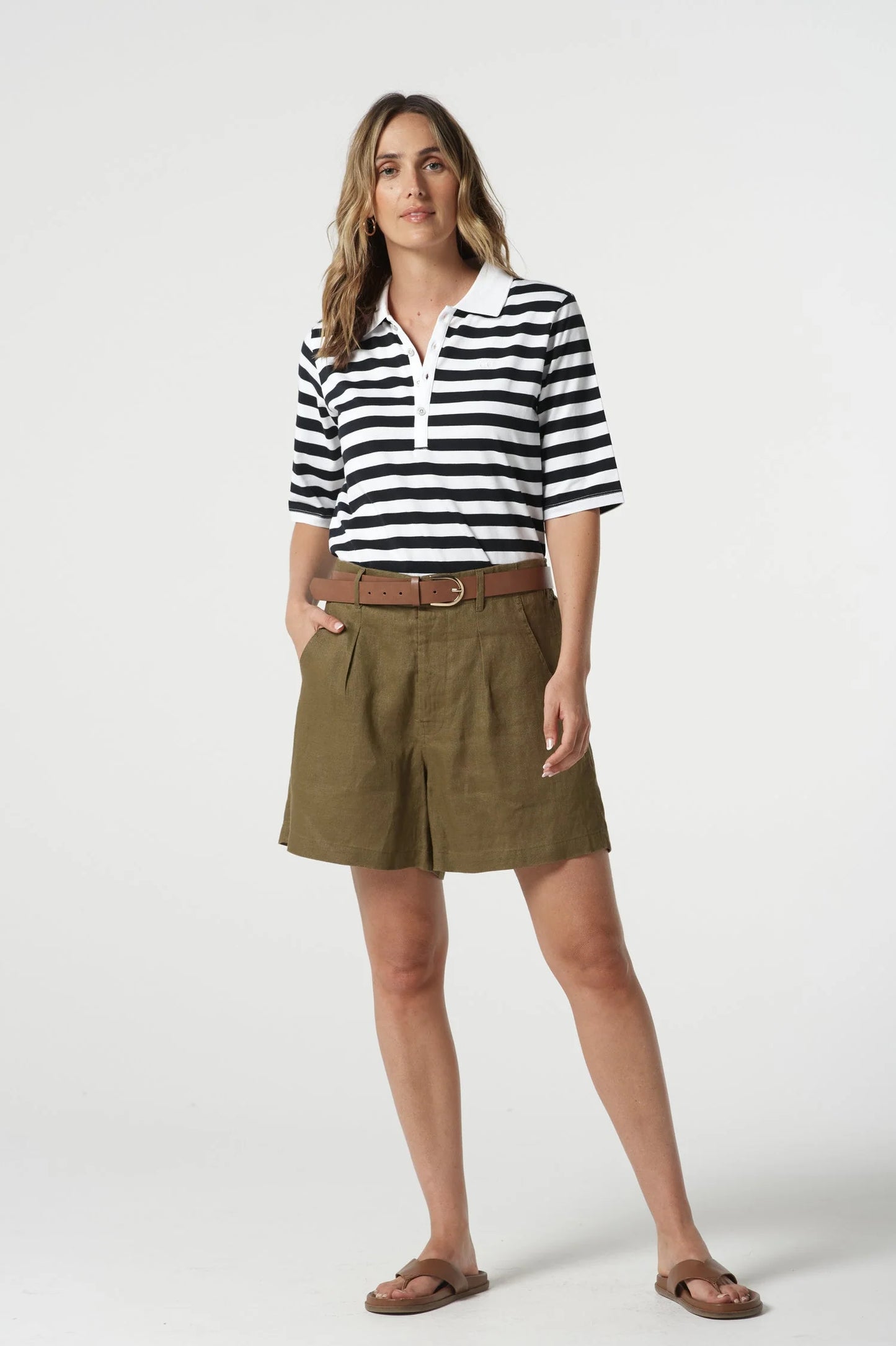 Goondiwindi Cotton - 3/4 Sleeve Stripe Polo - Navy/White