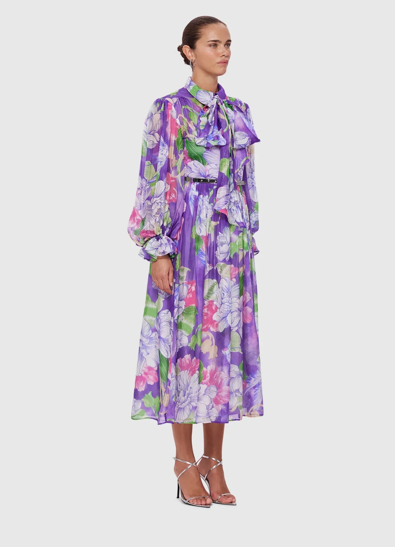 HIRE DRESS - LEO LIN - CASSIE TIE NECK MIDI DRESS - SWALLOW PRINT IN SERENITY