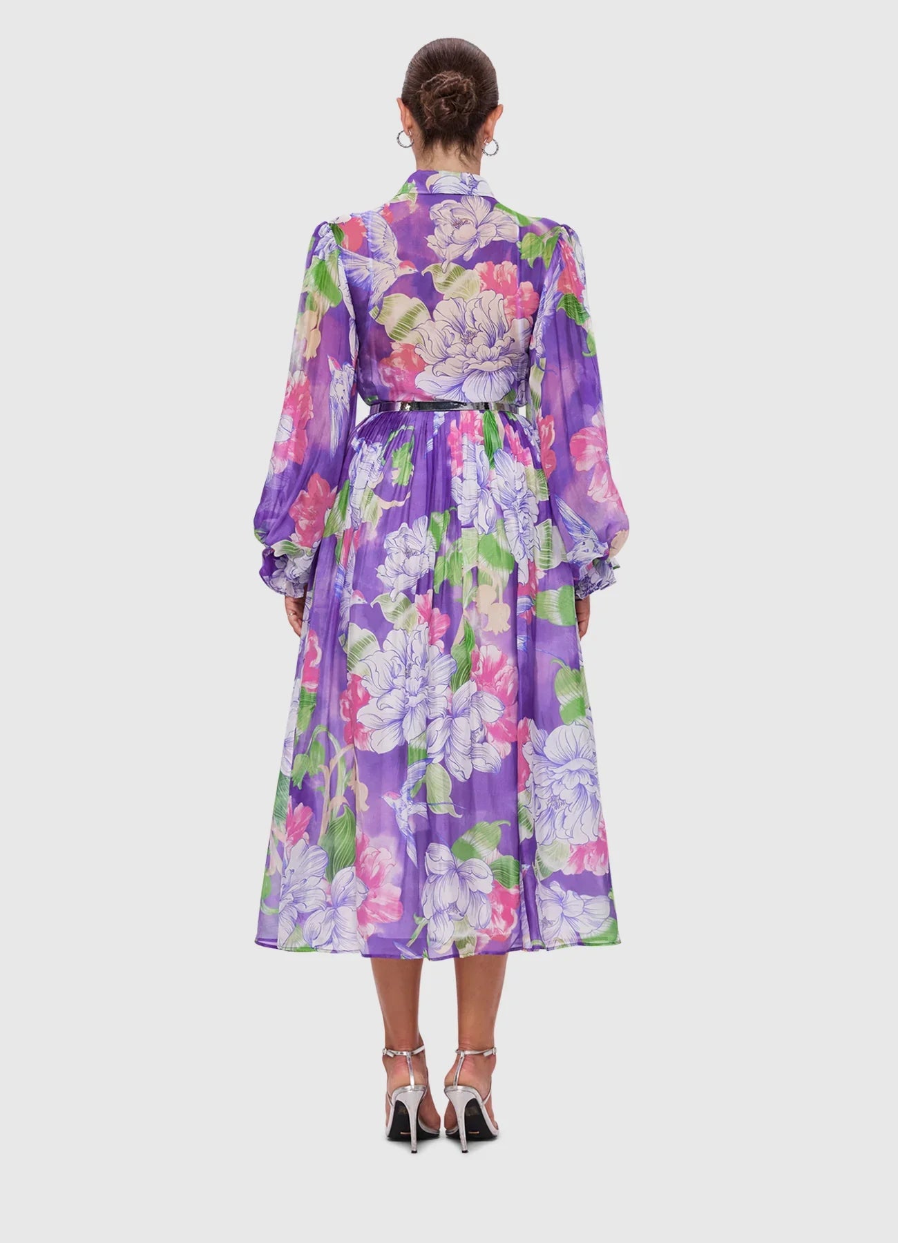 HIRE DRESS - LEO LIN - CASSIE TIE NECK MIDI DRESS - SWALLOW PRINT IN SERENITY
