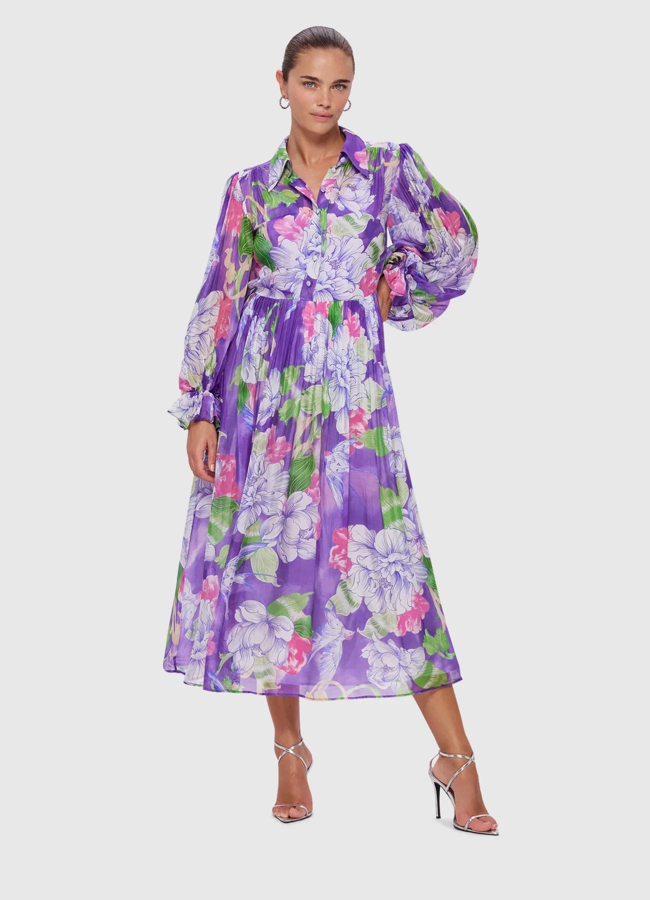HIRE DRESS - LEO LIN - CASSIE TIE NECK MIDI DRESS - SWALLOW PRINT IN SERENITY