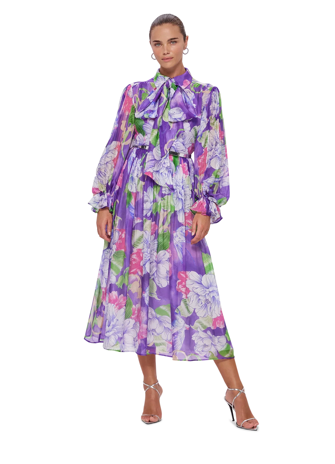 HIRE DRESS - LEO LIN - CASSIE TIE NECK MIDI DRESS - SWALLOW PRINT IN SERENITY