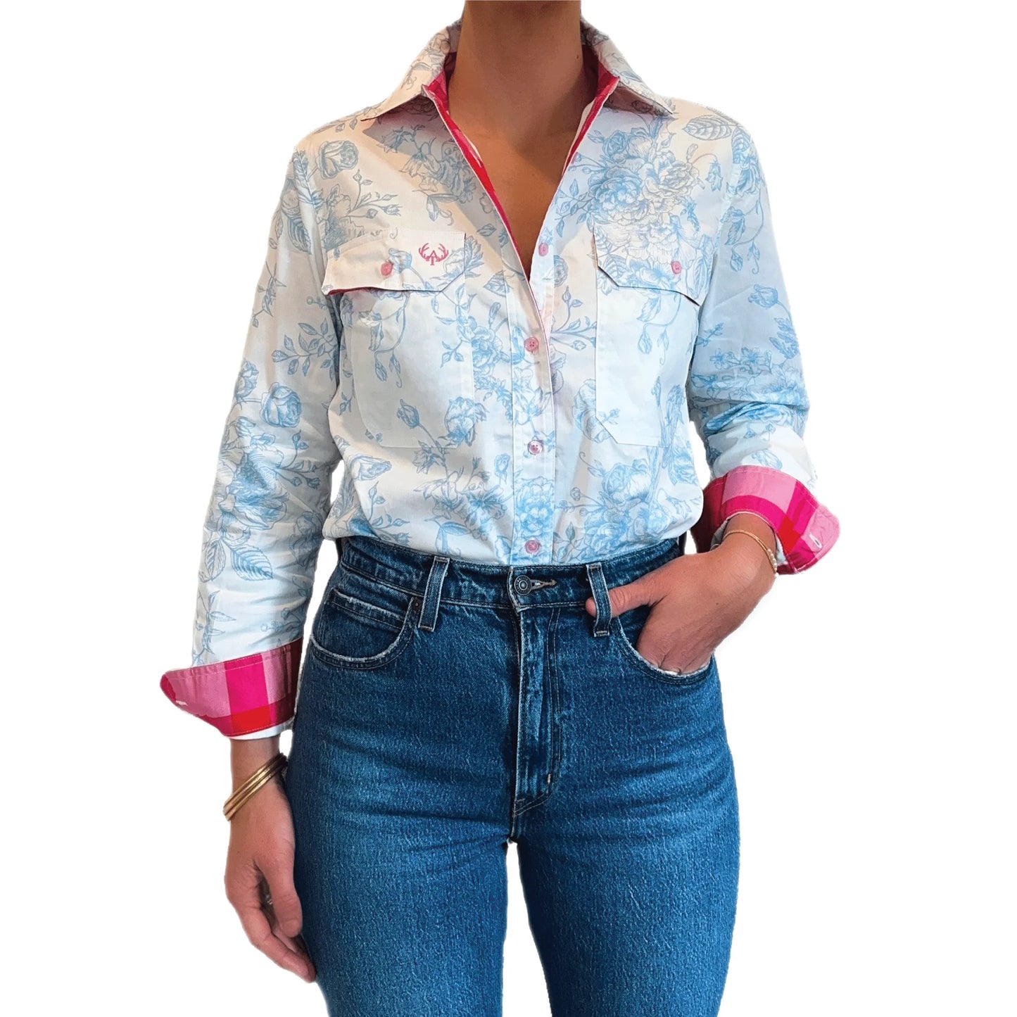Antola - Annabelle Full Button Workshirt - Pink Check Trim