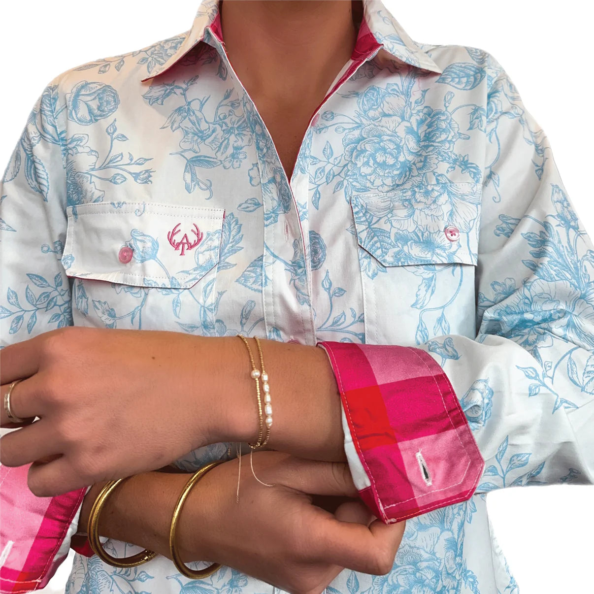 Antola - Annabelle Full Button Workshirt - Pink Check Trim