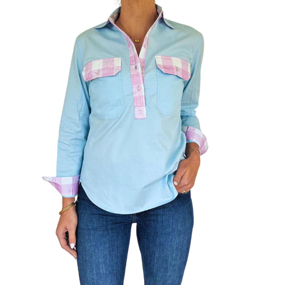 Antola - Emma Half Button Shirt - Gingham Trim