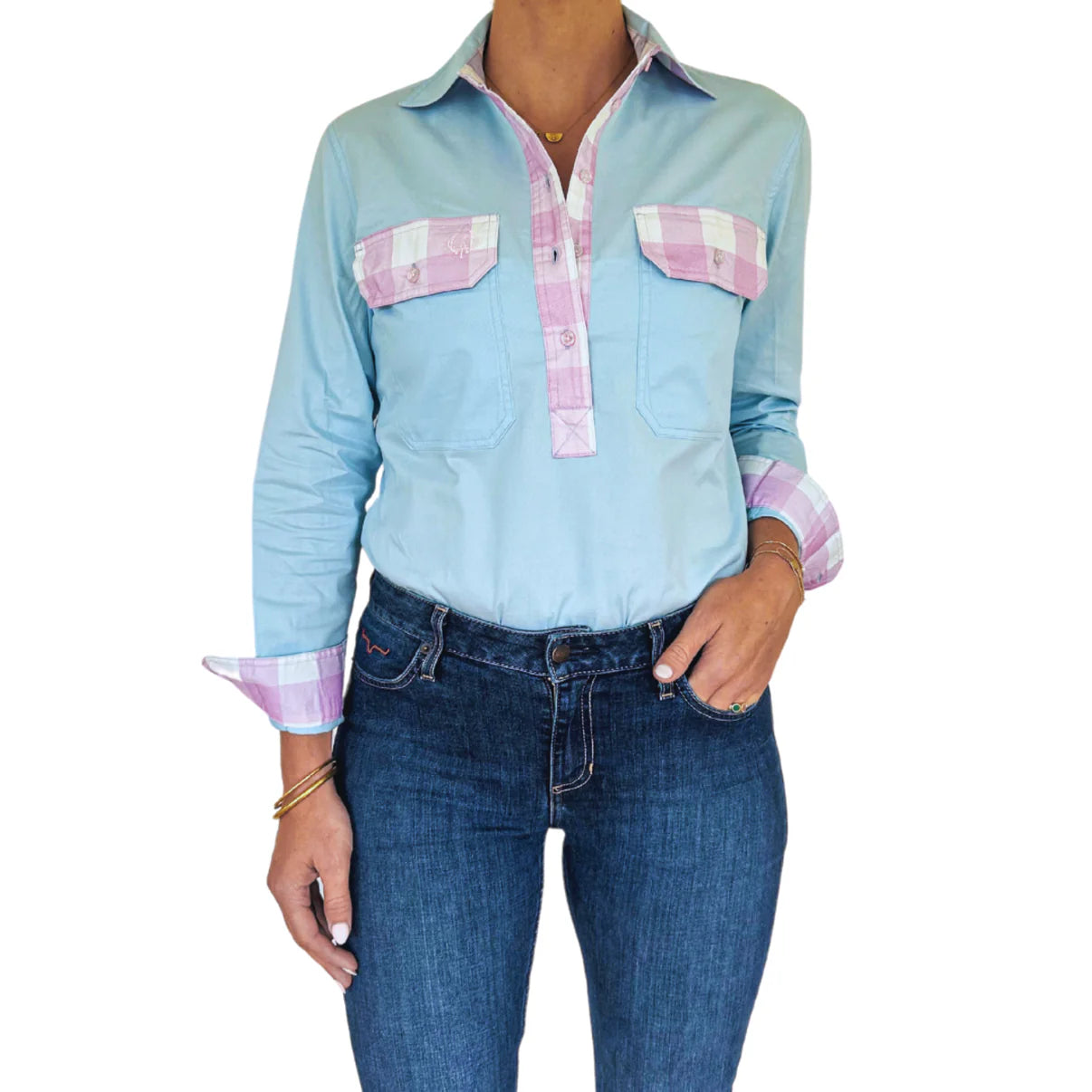 Antola - Emma Half Button Shirt - Gingham Trim