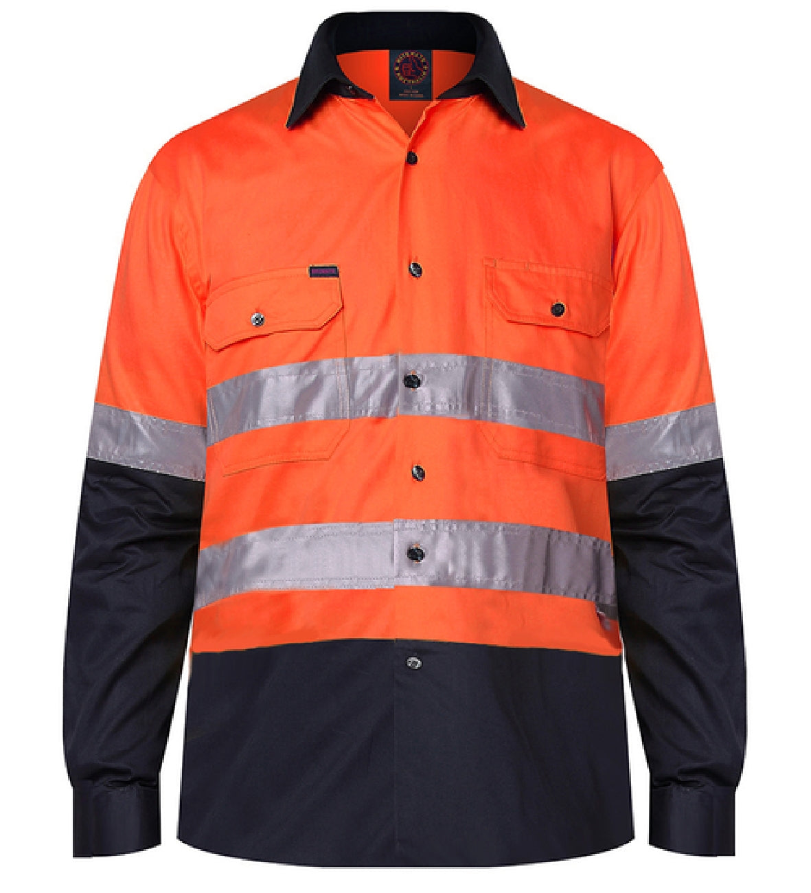 Ritemate - Mens Open Front Shirt L/S 50MM Reflective Tape - Orange/Navy