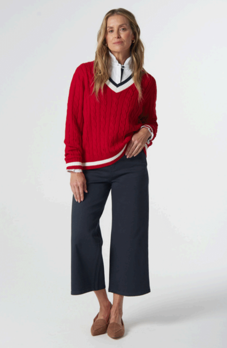 Goondiwindi Cotton - Harvest V Neck Cotton Jumper Knit - Poinsettia/White/Navy
