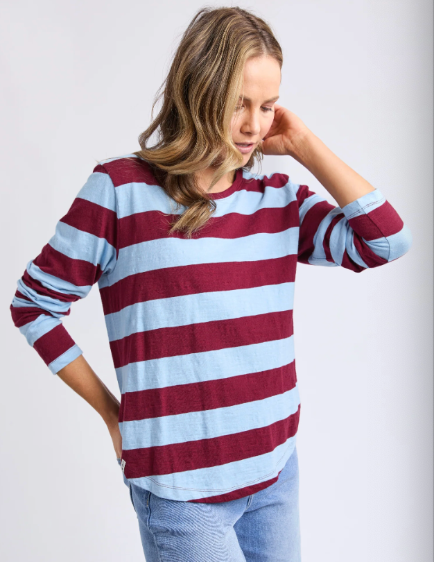COMING SOON - Elm Lifestyle - Sprtitz Stripe L/S Tee - Plum/Light Blue Stripe
