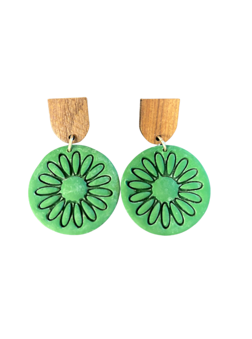 Rhianna's Earrings - Clay Flower Dangle - Green