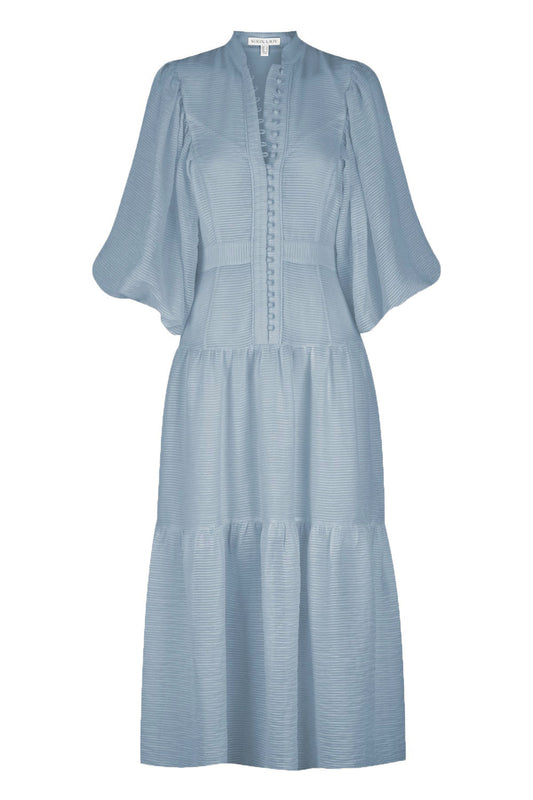 HIRE DRESS - SHONA JOY - CHARLOTTE HIGH NECK BLUE SMOKE MIDI DRESS