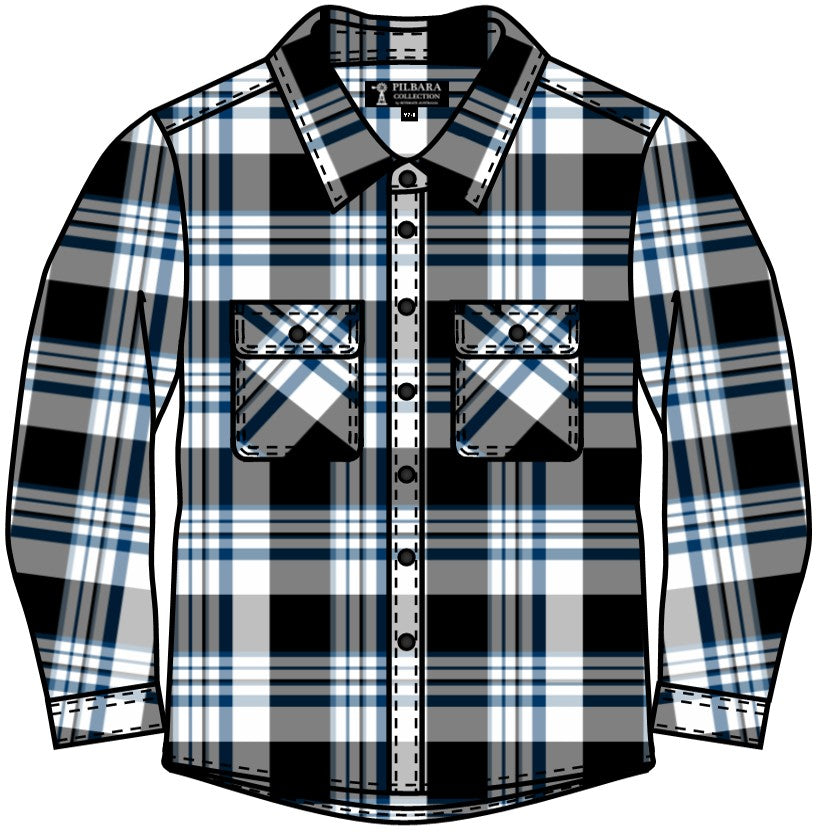 Pilbara - Childrens Flannelette Open Front Shirt - Black/White/Slate Blue