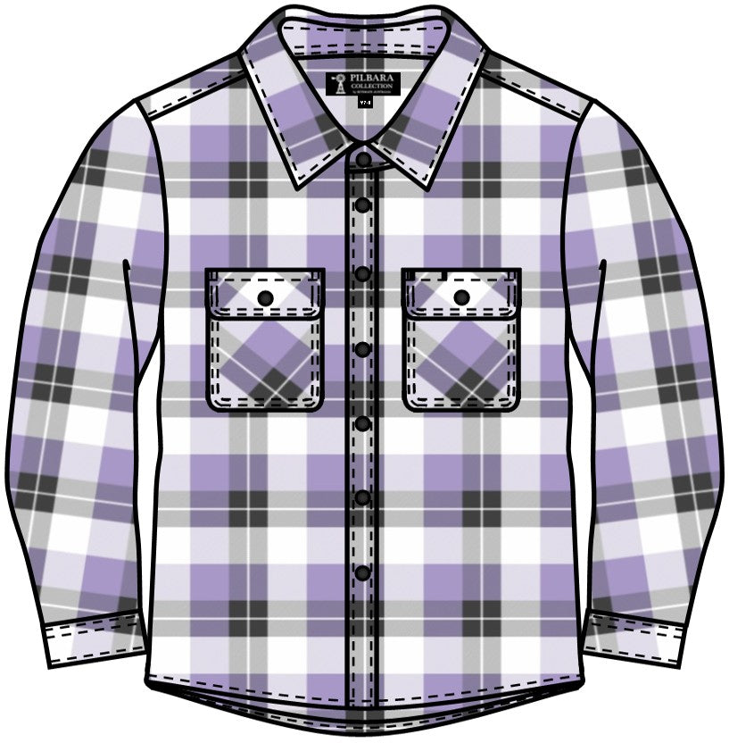 Pilbara - Childrens Flannelette Open Front Shirt - Purple Rose/Grey/White