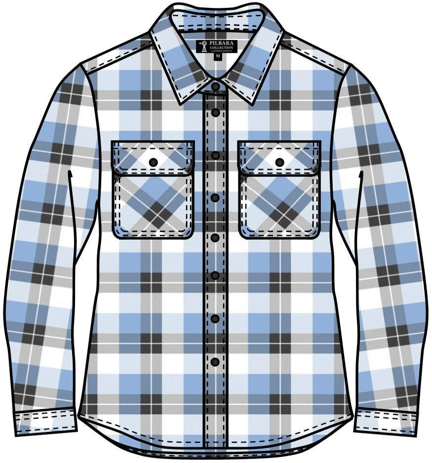 COMING SOON... Pilbara - Womens's Flannelette Shirt Open Front Beach - Cerulean-Grey-White