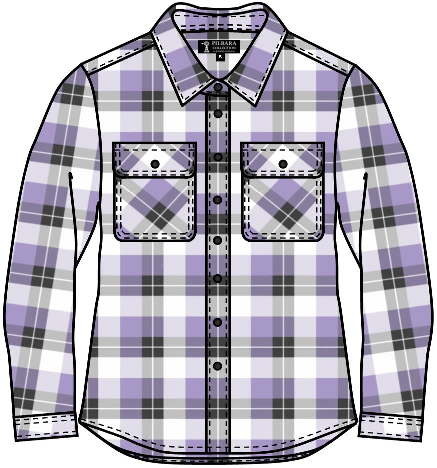 COMING SOON... Pilbara - Womens Flannelette Shirt Open Front Beach - Purple Rose/Grey/White