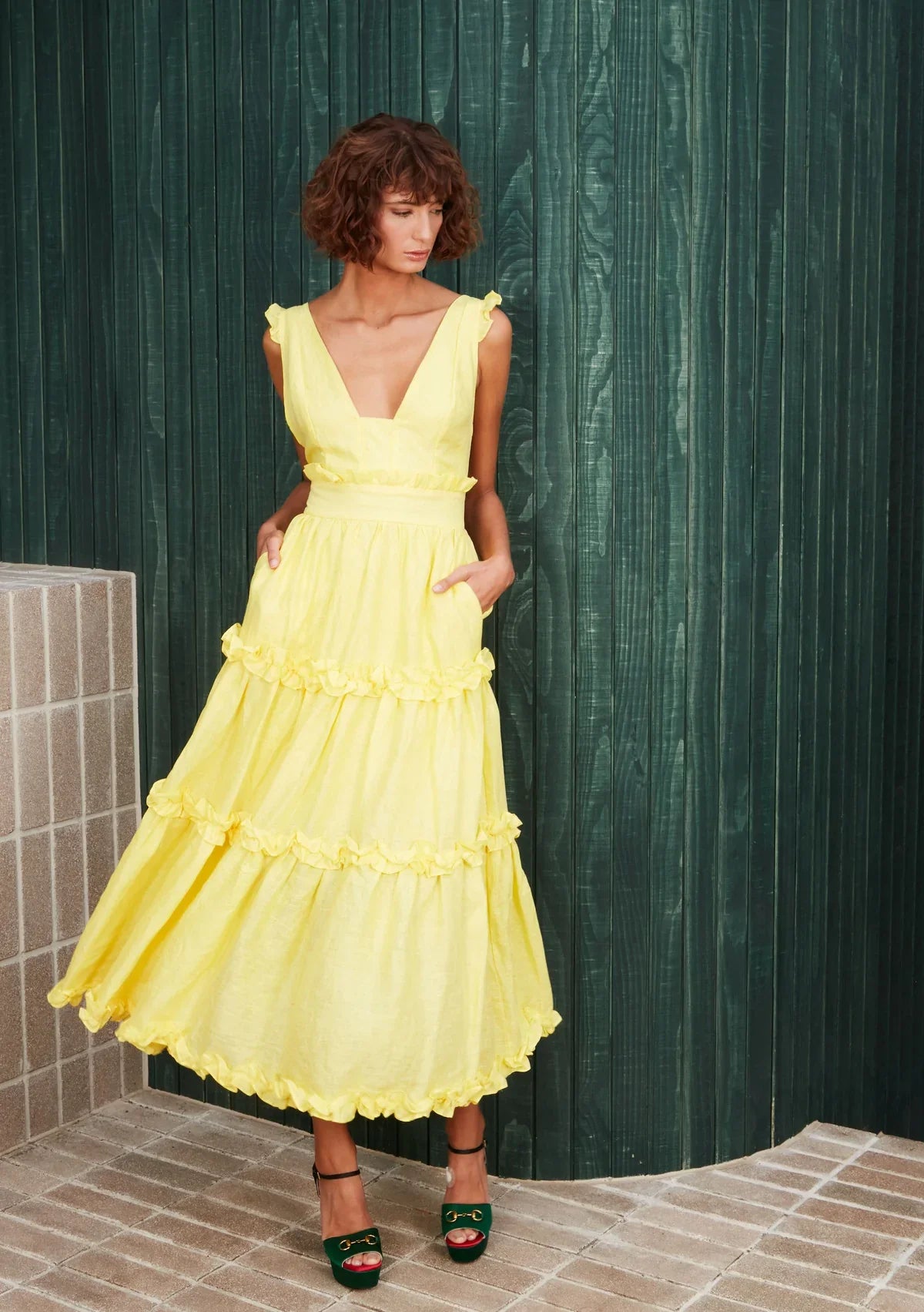 HIRE DRESS - MACKENZIE MODE - LEMON RUFFLE MIDI DRESS