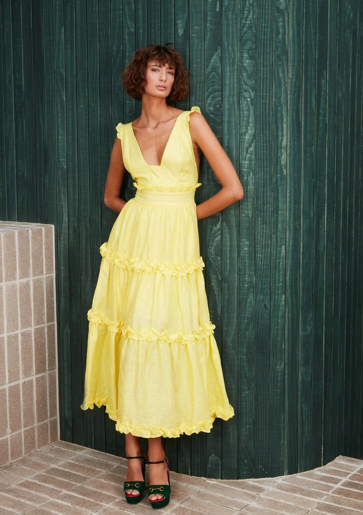 HIRE DRESS - MACKENZIE MODE - LEMON RUFFLE MIDI DRESS