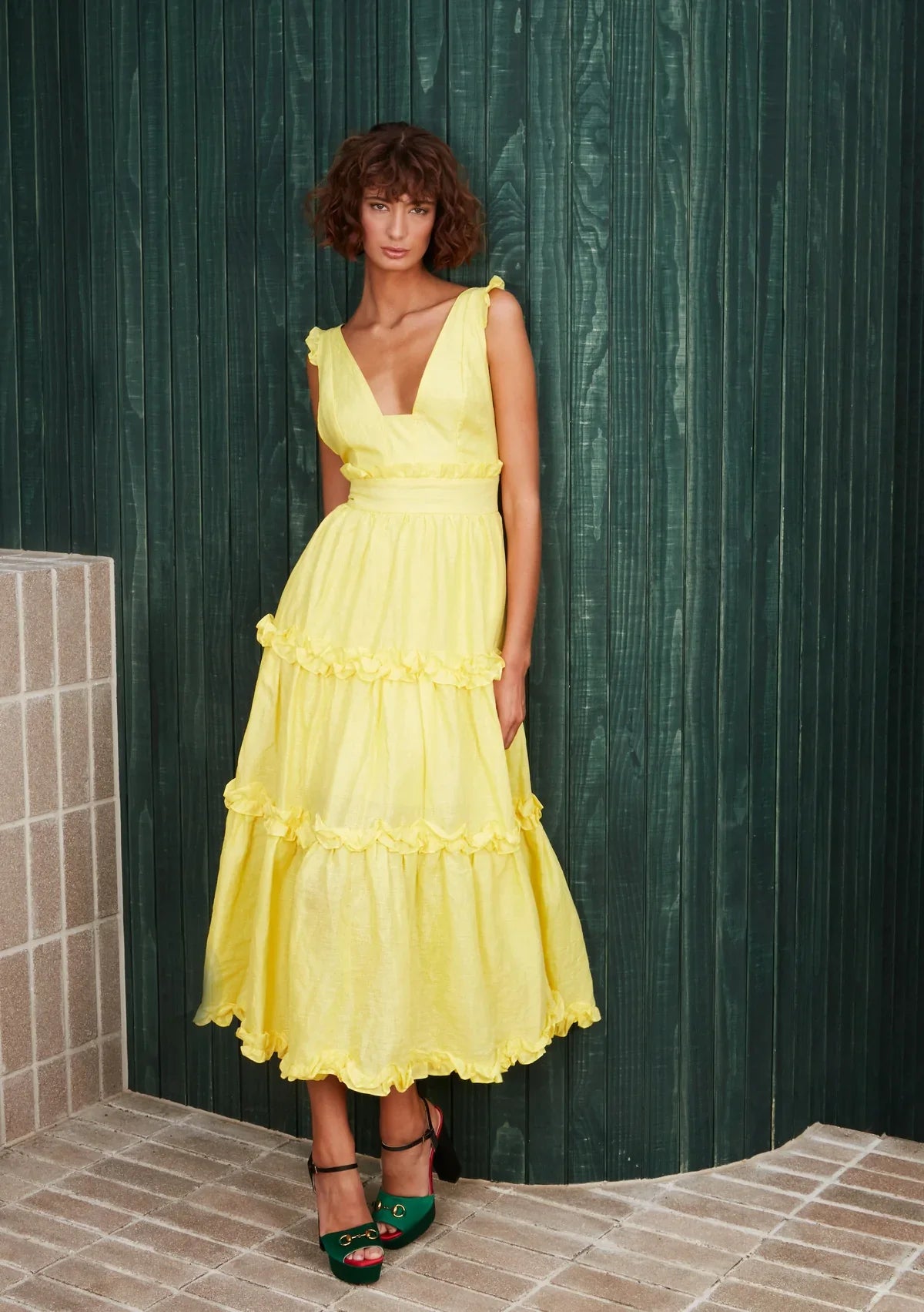 HIRE DRESS - MACKENZIE MODE - LEMON RUFFLE MIDI DRESS