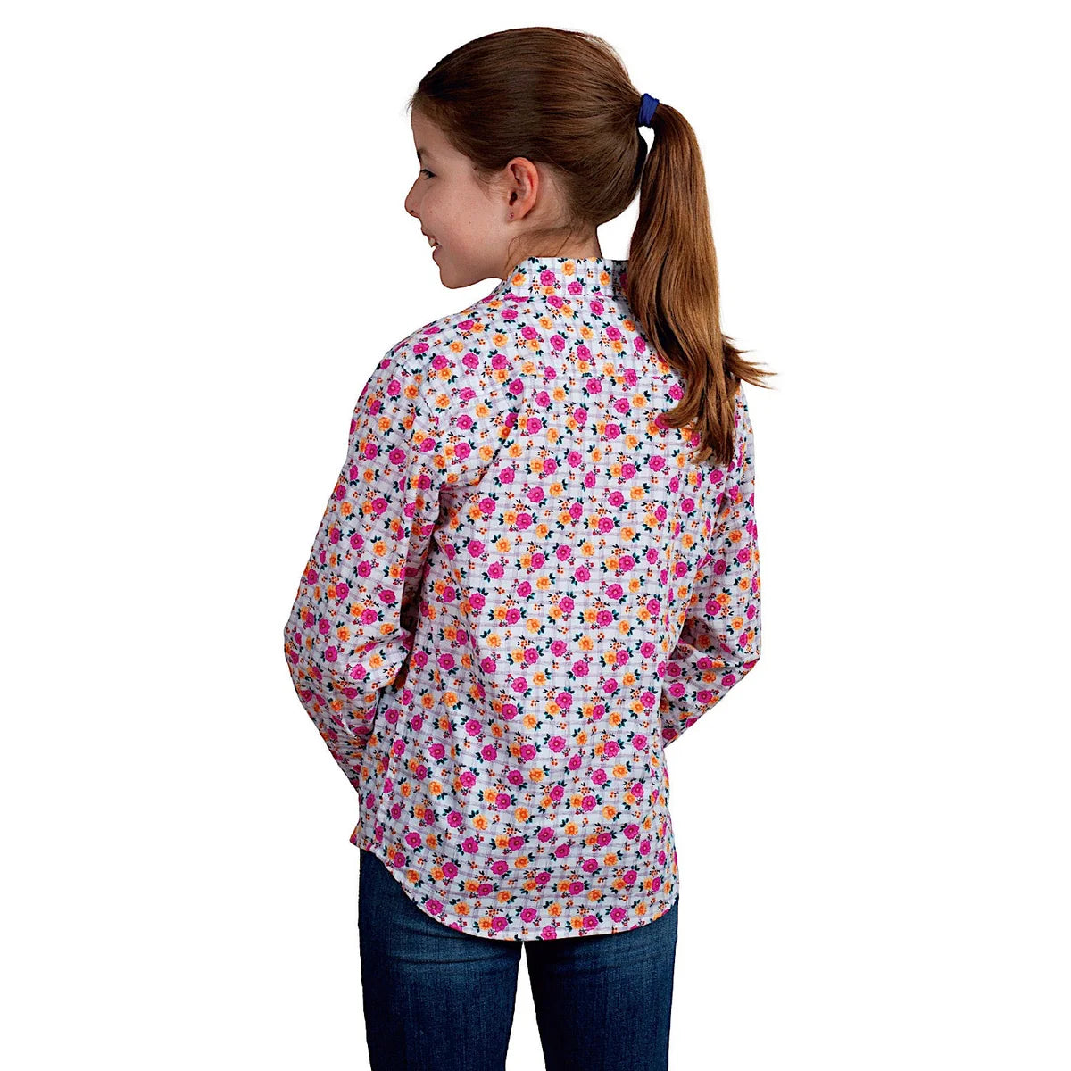 Just Country - Girl's Harper Half Button Print Work Shirt - White Lattice