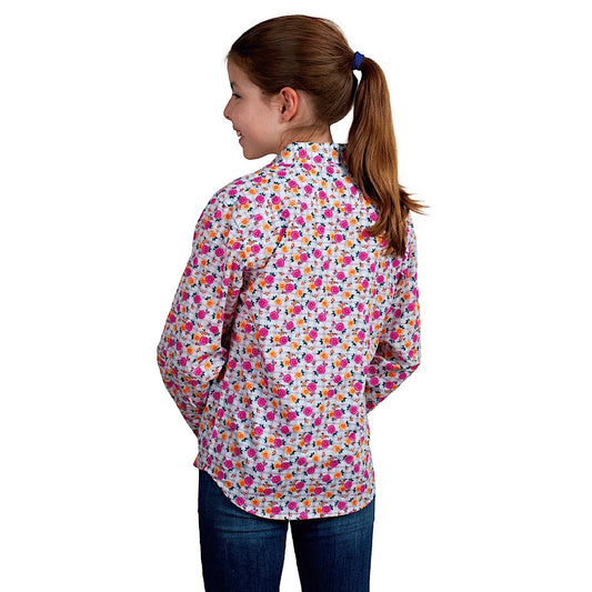 Just Country - Girl's Harper Half Button Print Work Shirt - White Lattice
