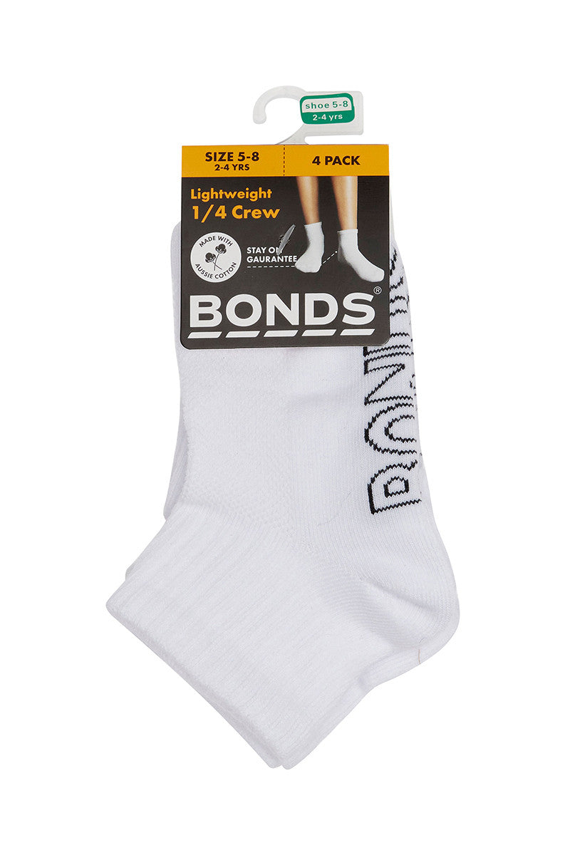 Bonds - Kids Logo 1/4 Crew Sock 4 Pack - White