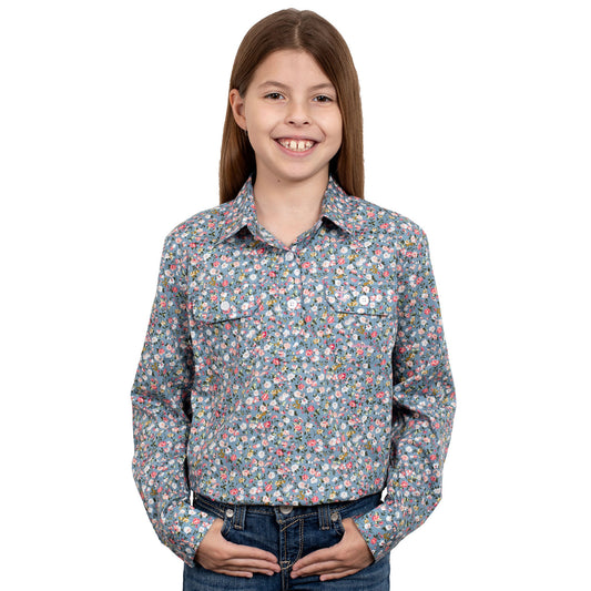 Just Country - Girls Harper Half Button - Denim Mini Peonies