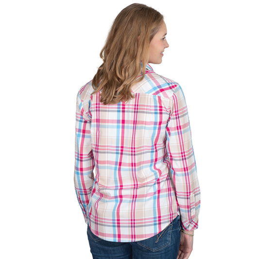 Just Country - Womens Open Front Print Work Shirt - Abbey - Pink/Blue/Tan Plaid