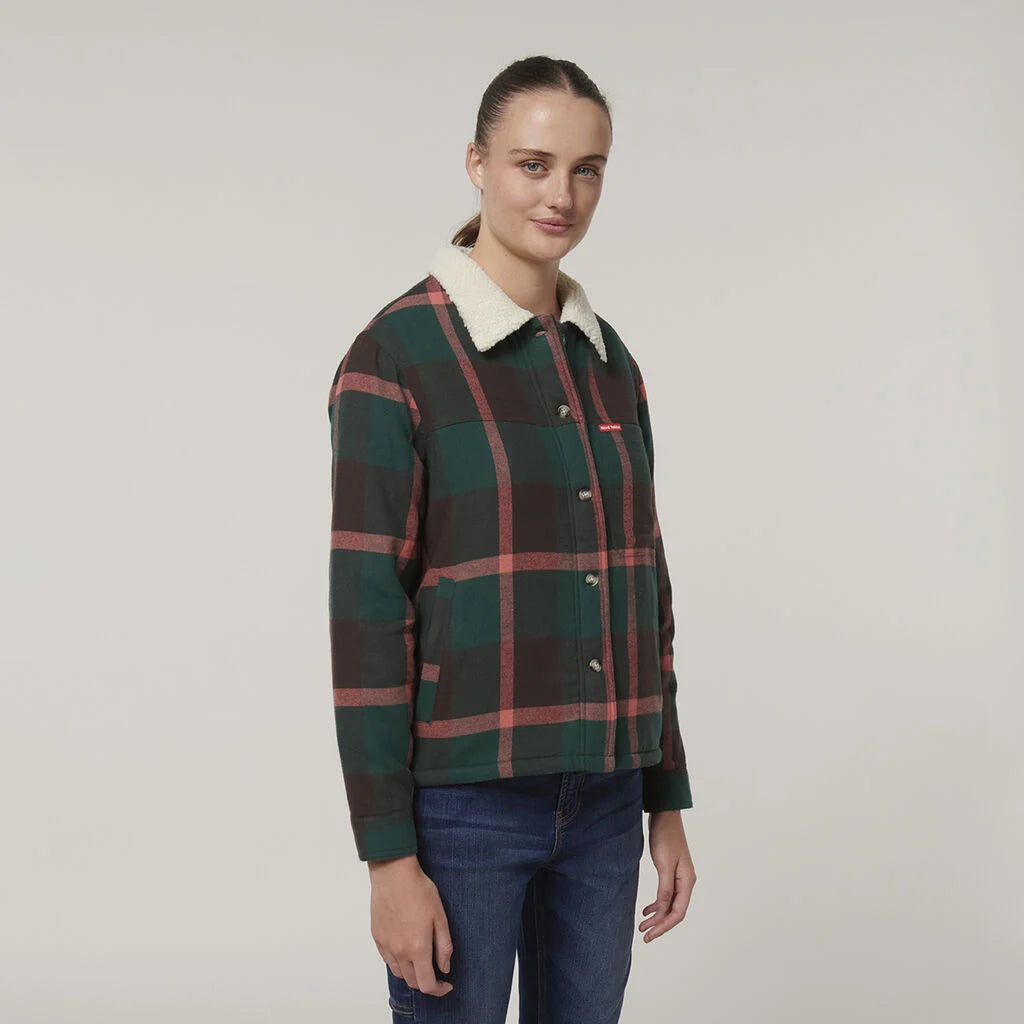 Hard Yakka - Womens Trucker Sherpa Jacket - Green/Pink Check