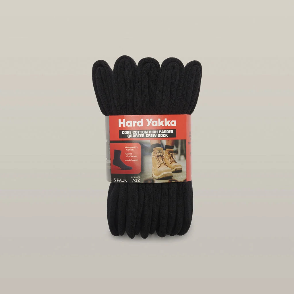 Hard Yakka - Core Padded Cotton Rich Crew Work Sock - Black - 5 pack